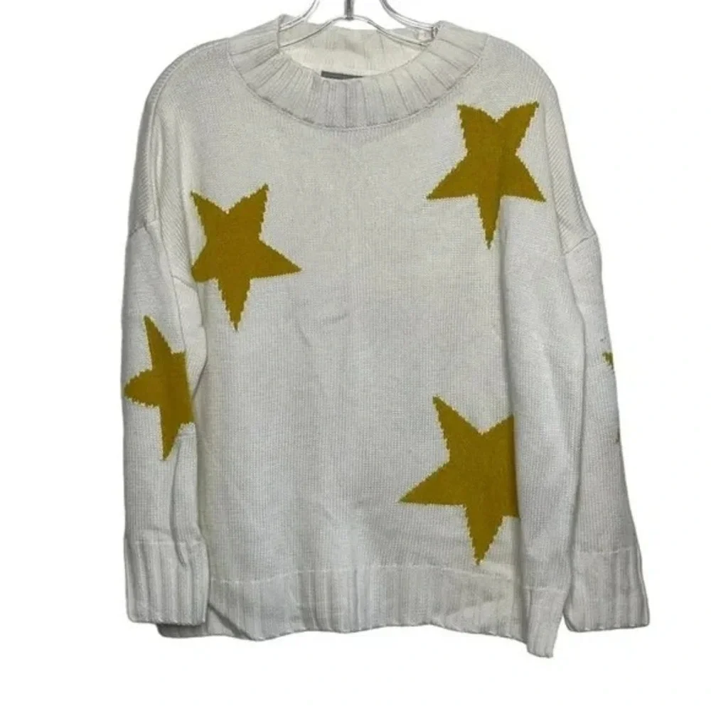 Oversized White and‎ Yellow Star Mock Neck Sweater Size M Cozycore Streetwear